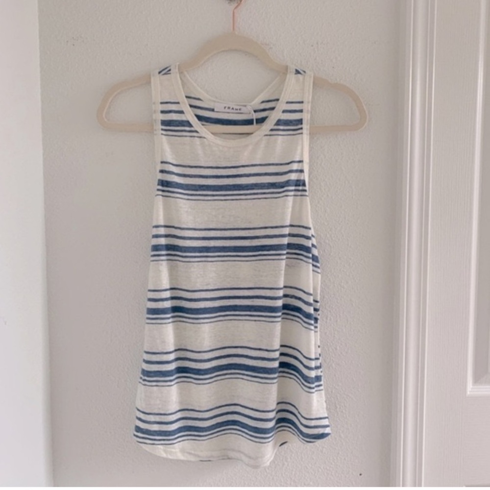 Frame Racer Back Linen Tank. / Denim Striped